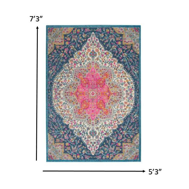 5’ x 7’ Blue and Pink Medallion Area Rug Multicolor. Picture 8