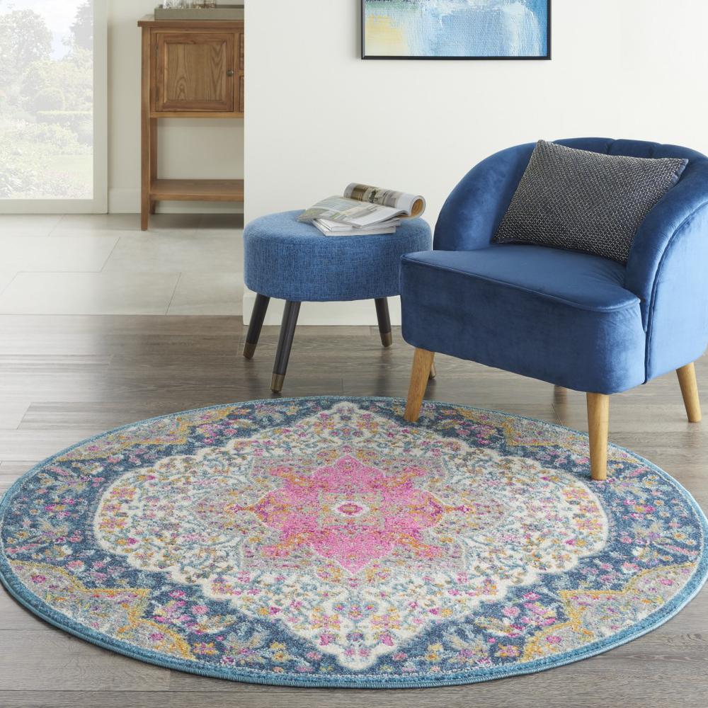 5’ Round Blue and Pink Medallion Area Rug Multicolor. Picture 4