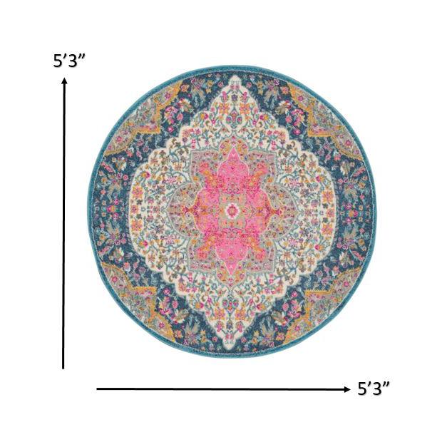 5’ Round Blue and Pink Medallion Area Rug Multicolor. Picture 7