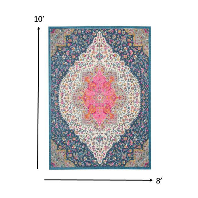 8’ x 10’ Blue and Pink Medallion Area Rug Multicolor. Picture 7