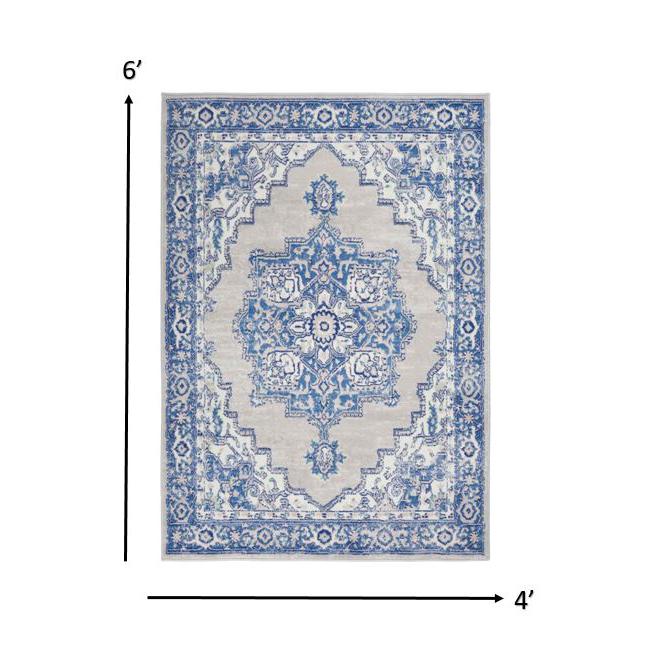 4’ x 6’ Gray and Blue Persian Medallion Area Rug Grey Blue. Picture 6