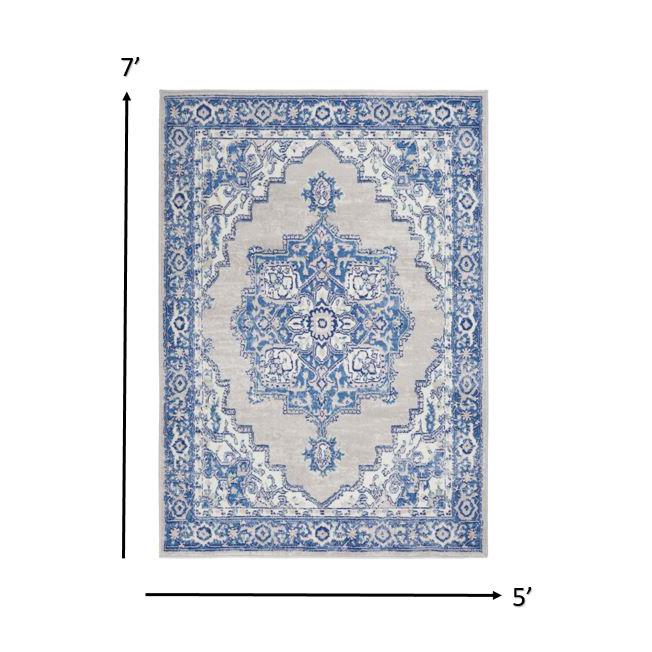 5’ x 7’ Gray and Blue Persian Medallion Area Rug Grey Blue. Picture 6