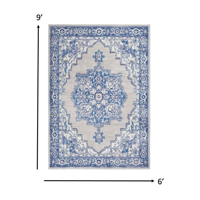 6’ x 9’ Gray and Blue Persian Medallion Area Rug Grey Blue. Picture 6