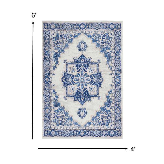 4’ x 6’ Ivory and Blue Persian Medallion Area Rug Ivory Blue. Picture 6