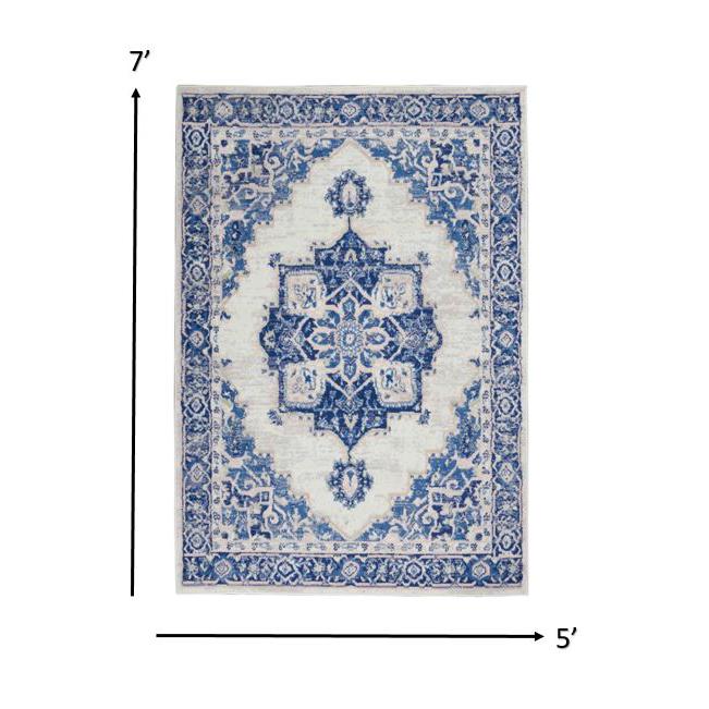 5’ x 7’ Ivory and Blue Persian Medallion Area Rug Ivory Blue. Picture 6