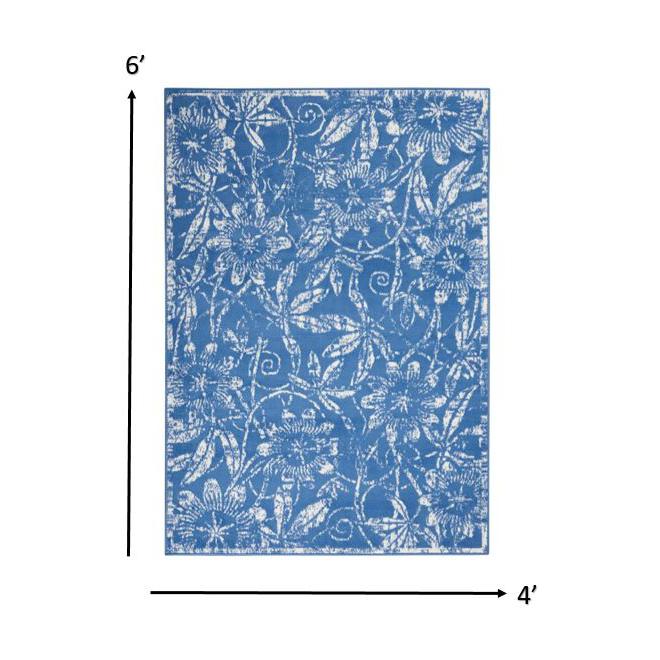4’ x 6’ Blue and Ivory Floral Vines Area Rug Blue. Picture 1