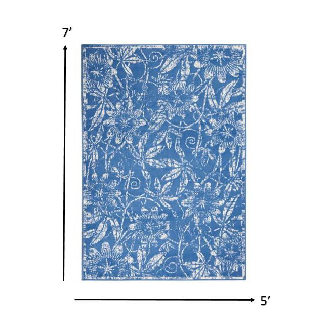 5’ x 7’ Blue and Ivory Floral Vines Area Rug Blue. Picture 1