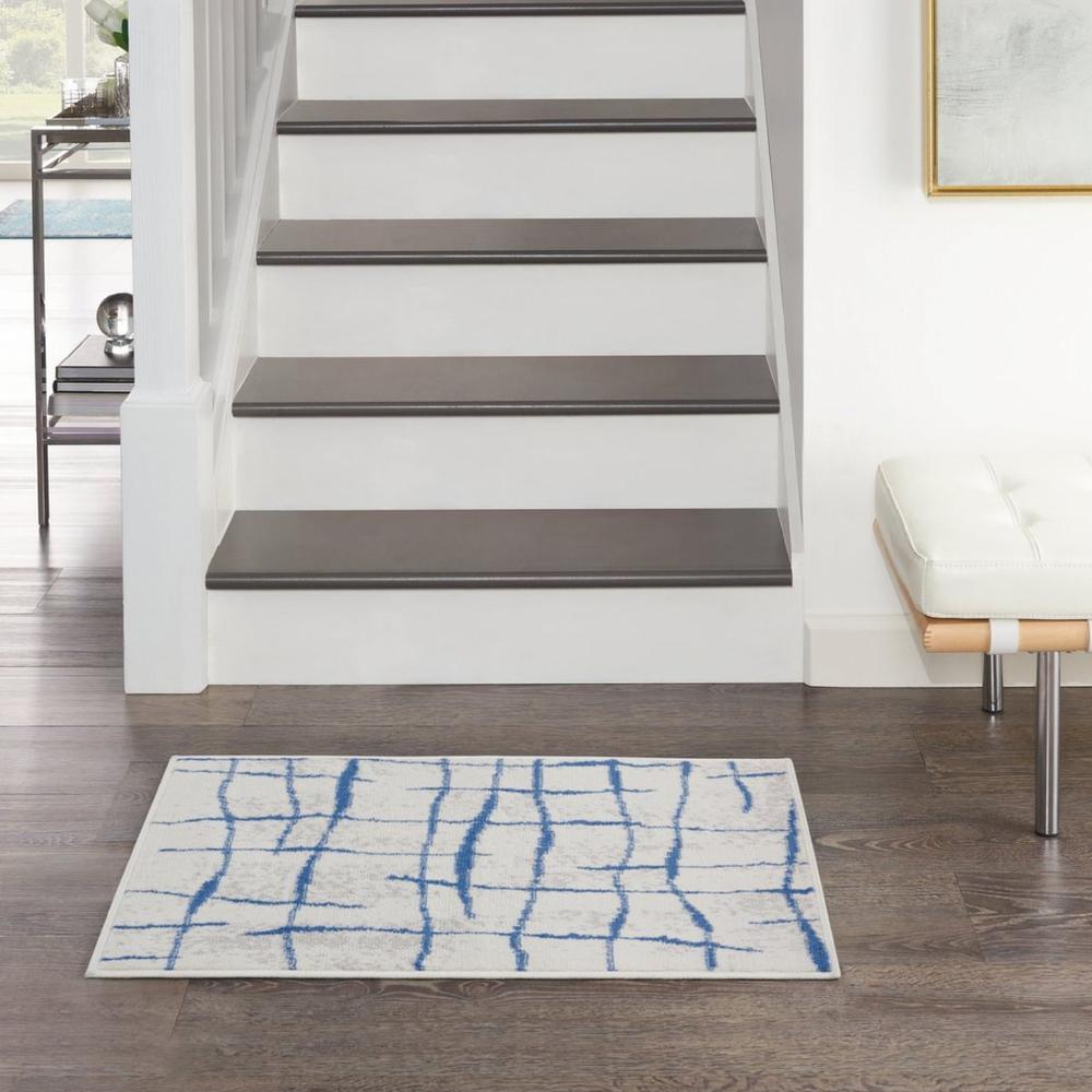5’ x 7’ Ivory and Blue Irregular Grids Area Rug Ivory Blue. Picture 6