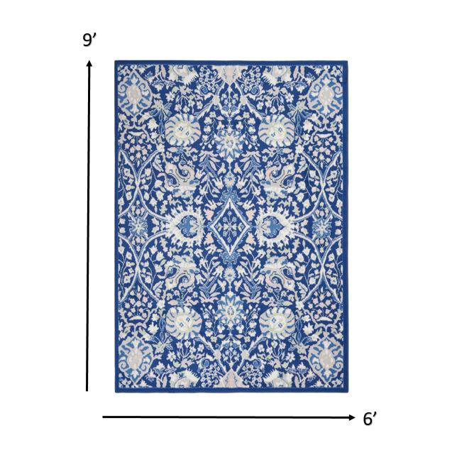 6’ x 9’ Navy and Ivory Intricate Floral Area Rug Navy Multicolor. Picture 6
