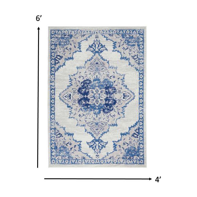 4’ x 6’ Ivory and Blue Medallion Area Rug Ivory Blue. Picture 6