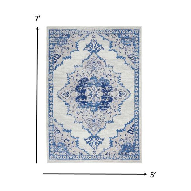5’ x 7’ Ivory and Blue Medallion Area Rug Ivory Blue. Picture 6