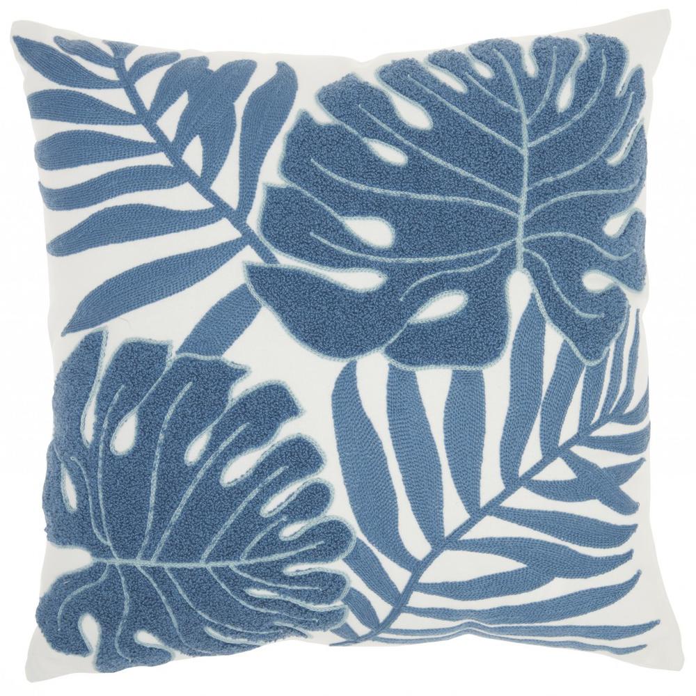 Blue and Ivory Tropical Leaves Throw Pillow - 386249. Picture 1