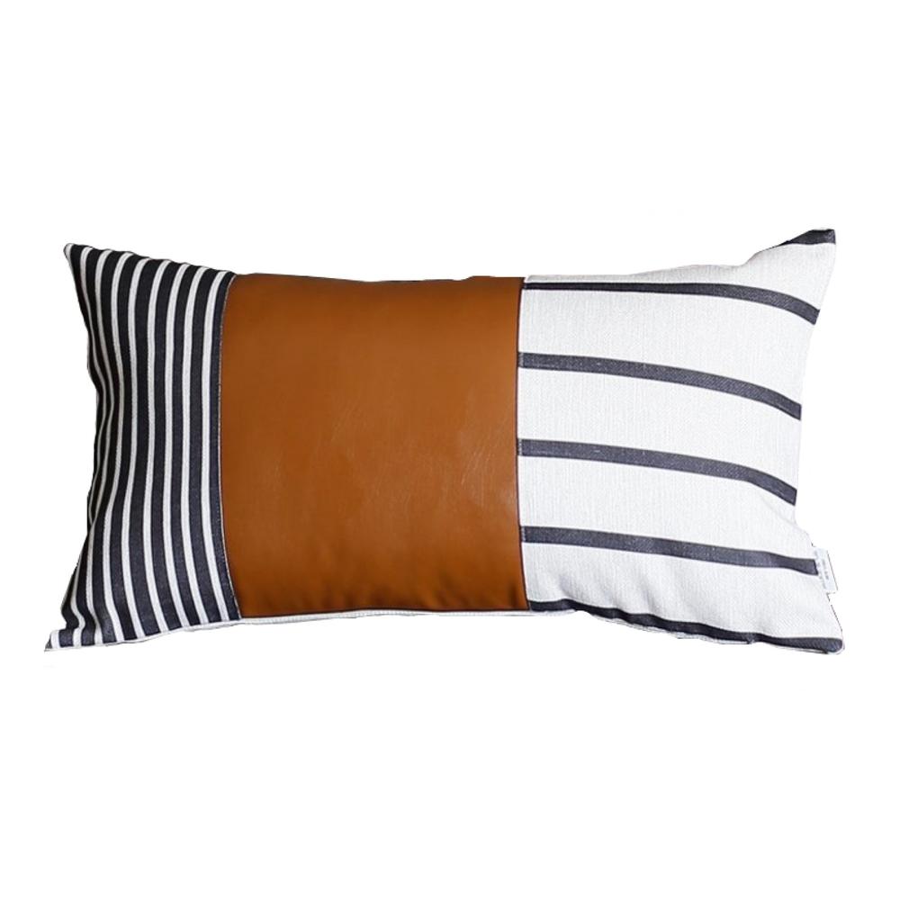 Geometric Brown Faux Leather and Stripes Lumbar Pillow Cover - 386776. Picture 1