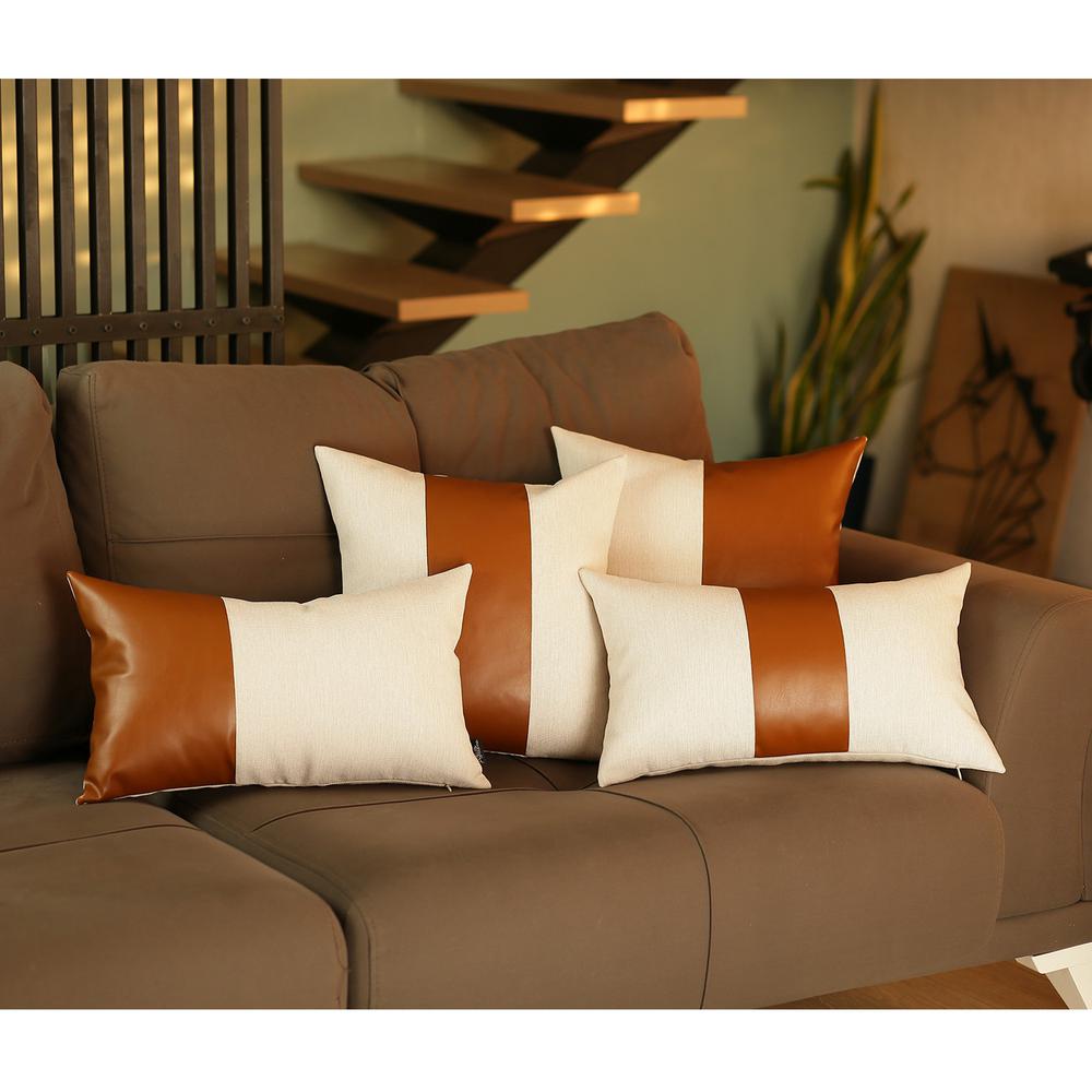 White and Brown Faux Leather Lumbar Pillow Cover - 386792. Picture 1