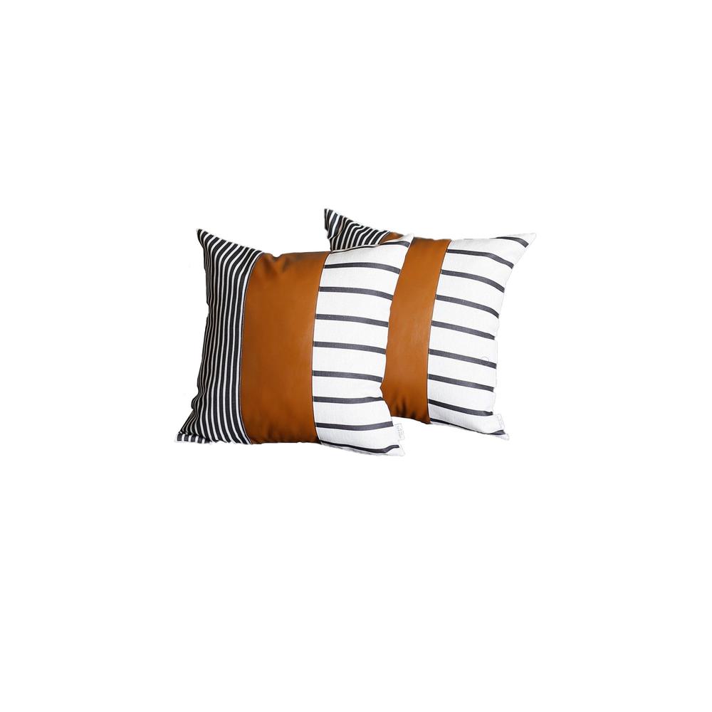 22" x 22" Black and White Stripes and  Faux Leather Pillow Cover - 386799. Picture 1
