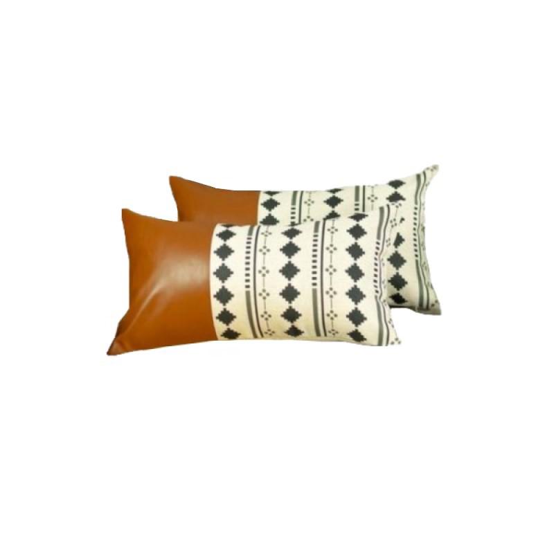 Set of 2 Diamond Patterned and Brown Faux Leather Lumbar Pillow Covers - 386805. Picture 1