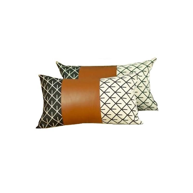 Set of 2 Geometric Lattice Pattern and Warm Brown Faux Leather Pillow Covers - 386806. Picture 1