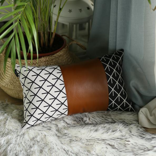 Set of 2 Geometric Lattice Pattern and Warm Brown Faux Leather Pillow Covers - 386806. Picture 3