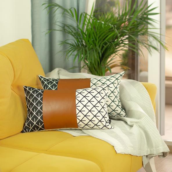 Set of 2 Geometric Lattice Pattern and Warm Brown Faux Leather Pillow Covers - 386806. Picture 4