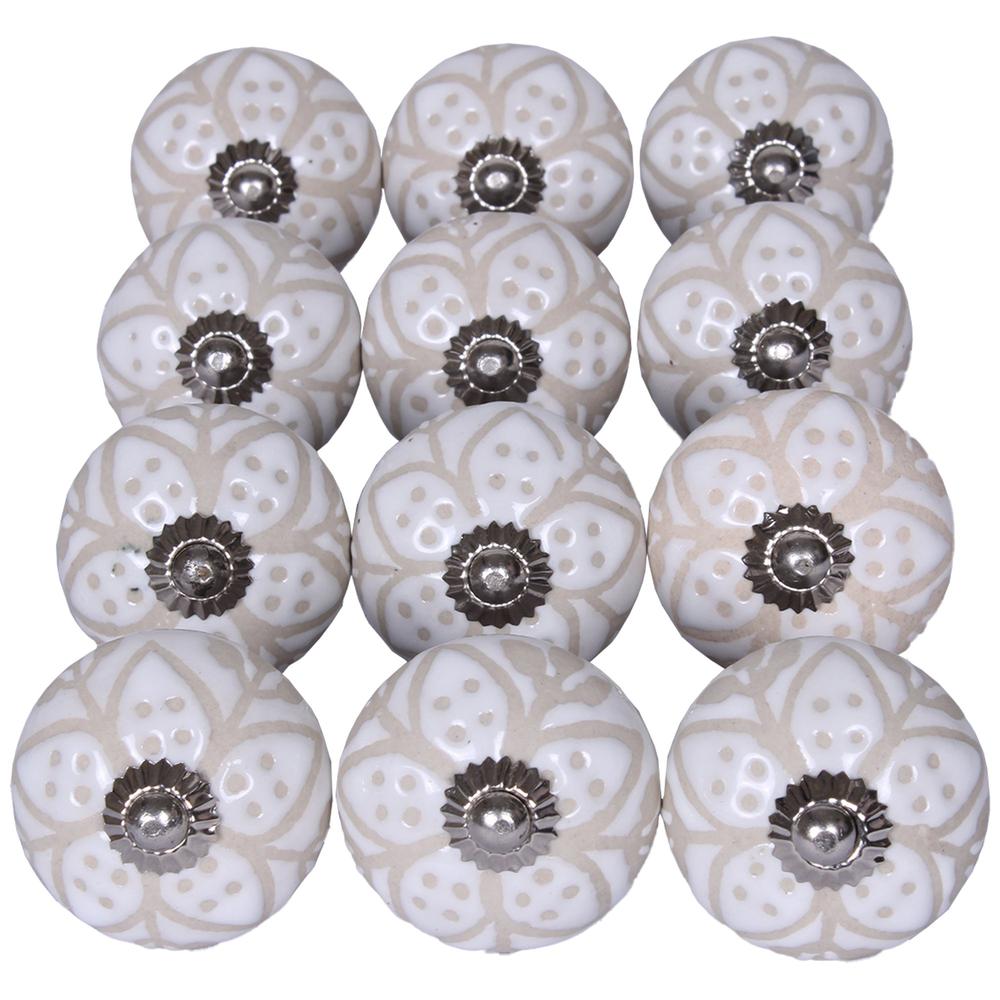 Set of 12 Vintage Beige and White Floral Ceramic Knobs - 387685. Picture 2