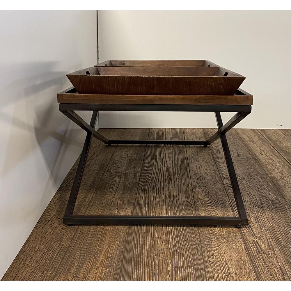 Modern Black Iron X Leg Wood Tray Coffee Table. Picture 2