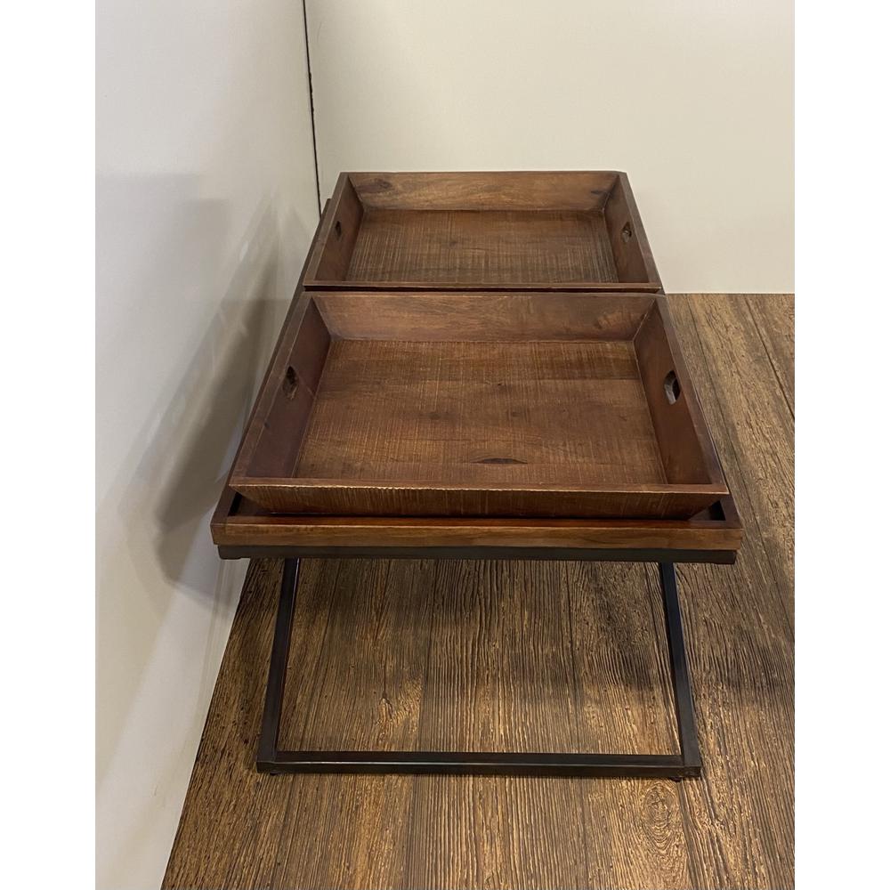 Modern Black Iron X Leg Wood Tray Coffee Table. Picture 3