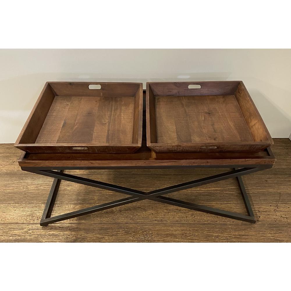 Modern Black Iron X Leg Wood Tray Coffee Table. Picture 4