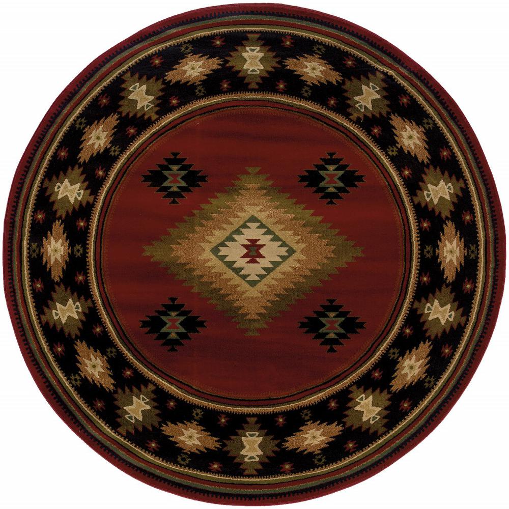 8’ Round Red and Beige Ikat Pattern Area Rug - 387973. Picture 1