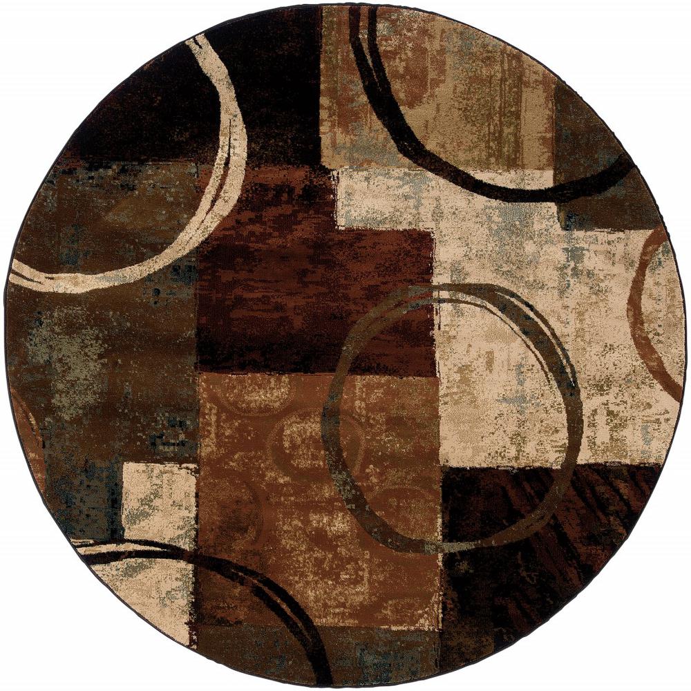 8’ Round Brown and Black Abstract Geometric Area Rug - 387975. The main picture.