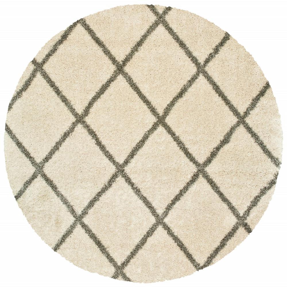 8’ Round Ivory and Gray Geometric Lattice Area Rug - 387983. Picture 1