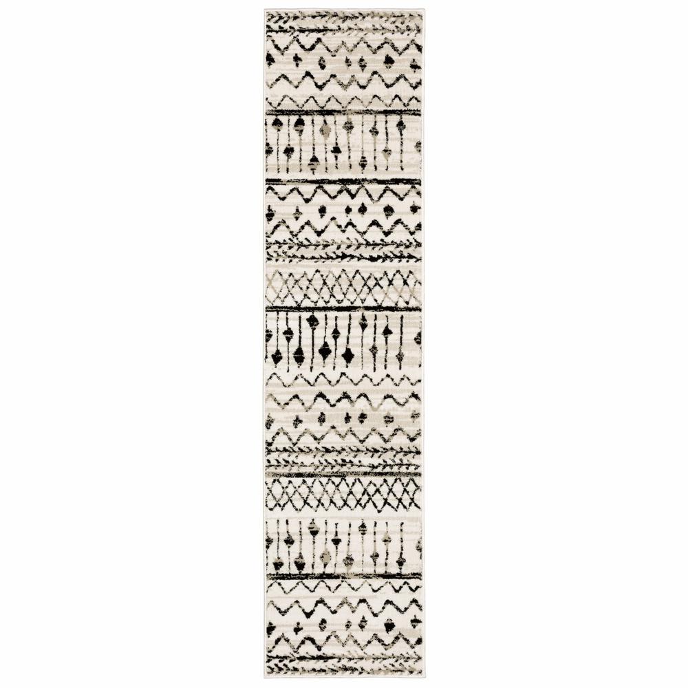 2’ x 8’ Ivory and Black Eclectic Patterns Indoor Runner Rug - 388017. Picture 1
