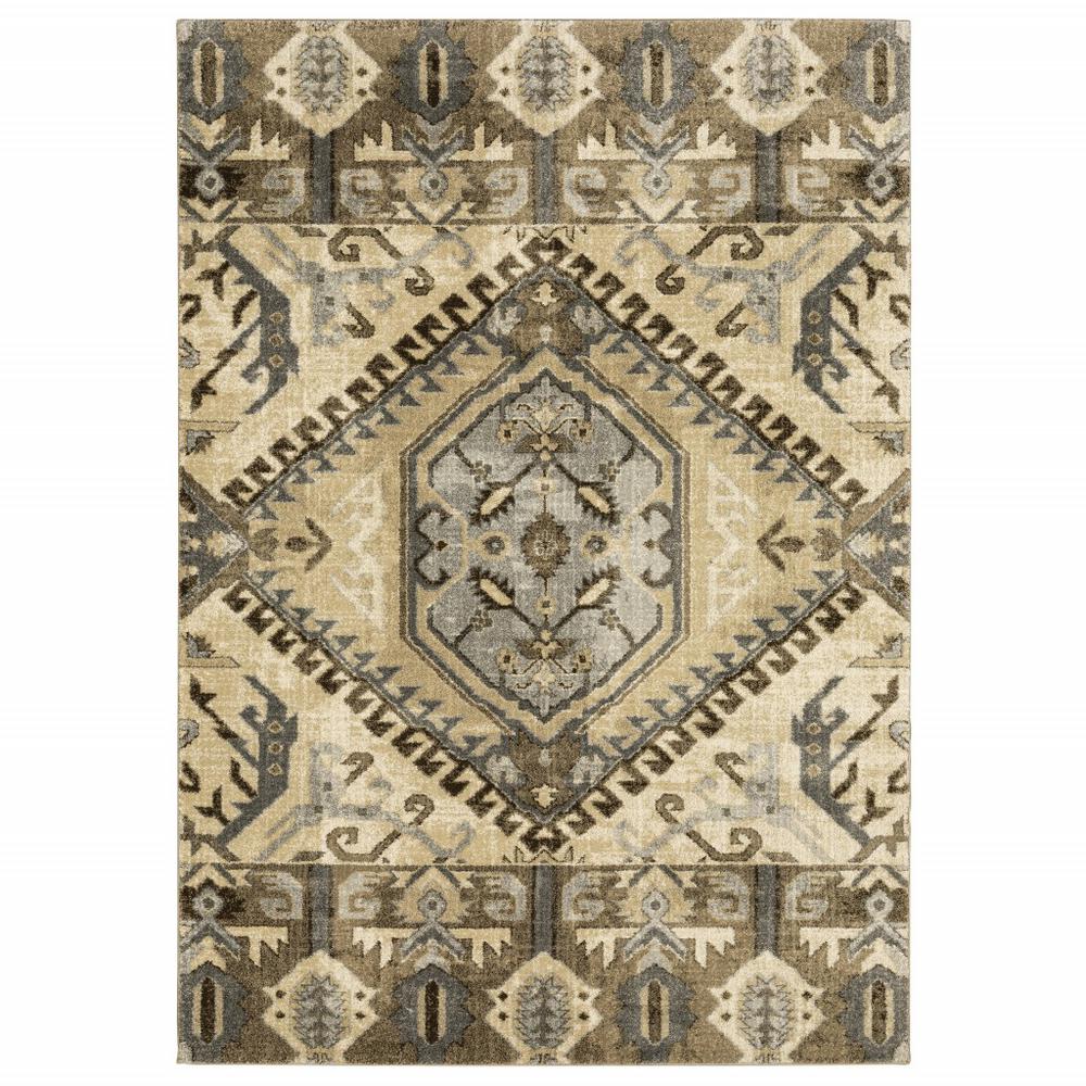 2’ x 8’ Tan and Gold Central Medallion Indoor Runner Rug - 388026. Picture 1