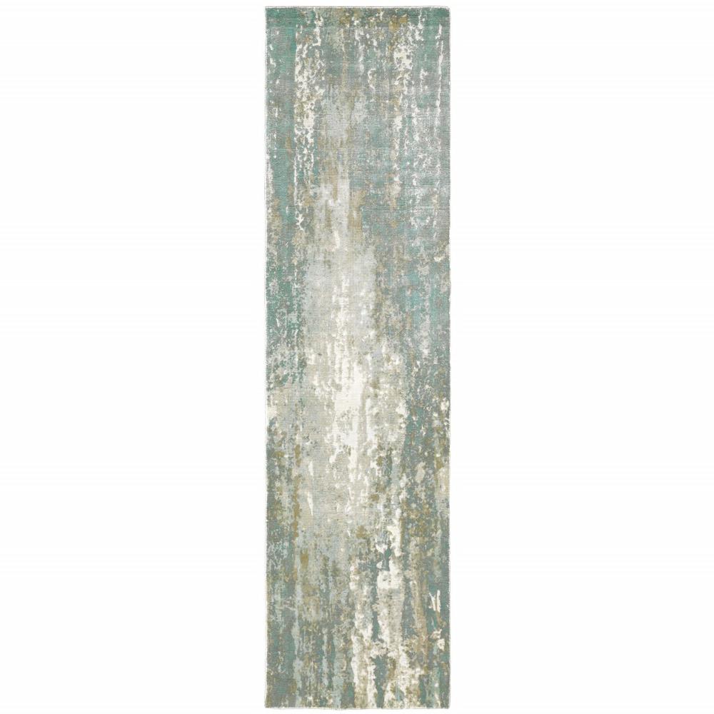 3’ x 10’ Blue and Gray Abstract Splash Indoor Runner Rug - 388057. Picture 1