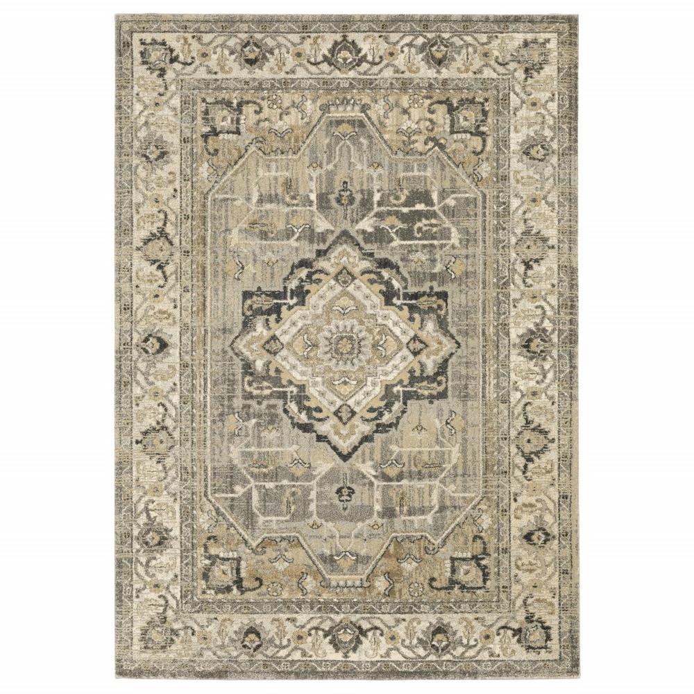 7’ x 10’ Beige and Gray Traditional Medallion Indoor Area Rug - 388060. Picture 1