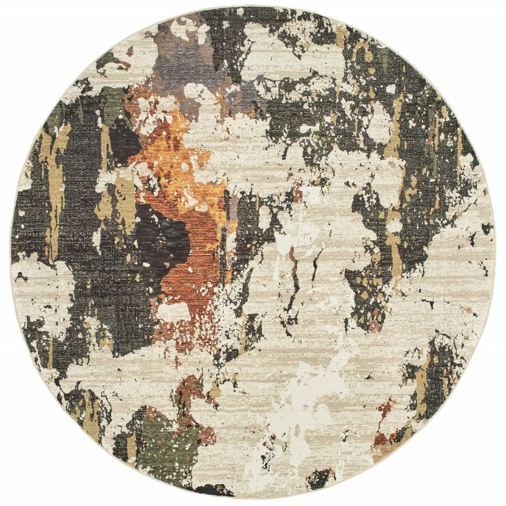 8’ Round Abstract Weathered Beige and Gray Indoor Area Rug - 388073. Picture 1