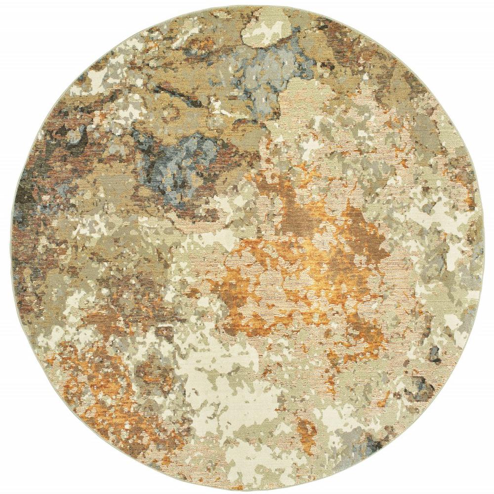 8’ Round Modern Abstract Gold and Beige Indoor Area Rug - 388075. Picture 1