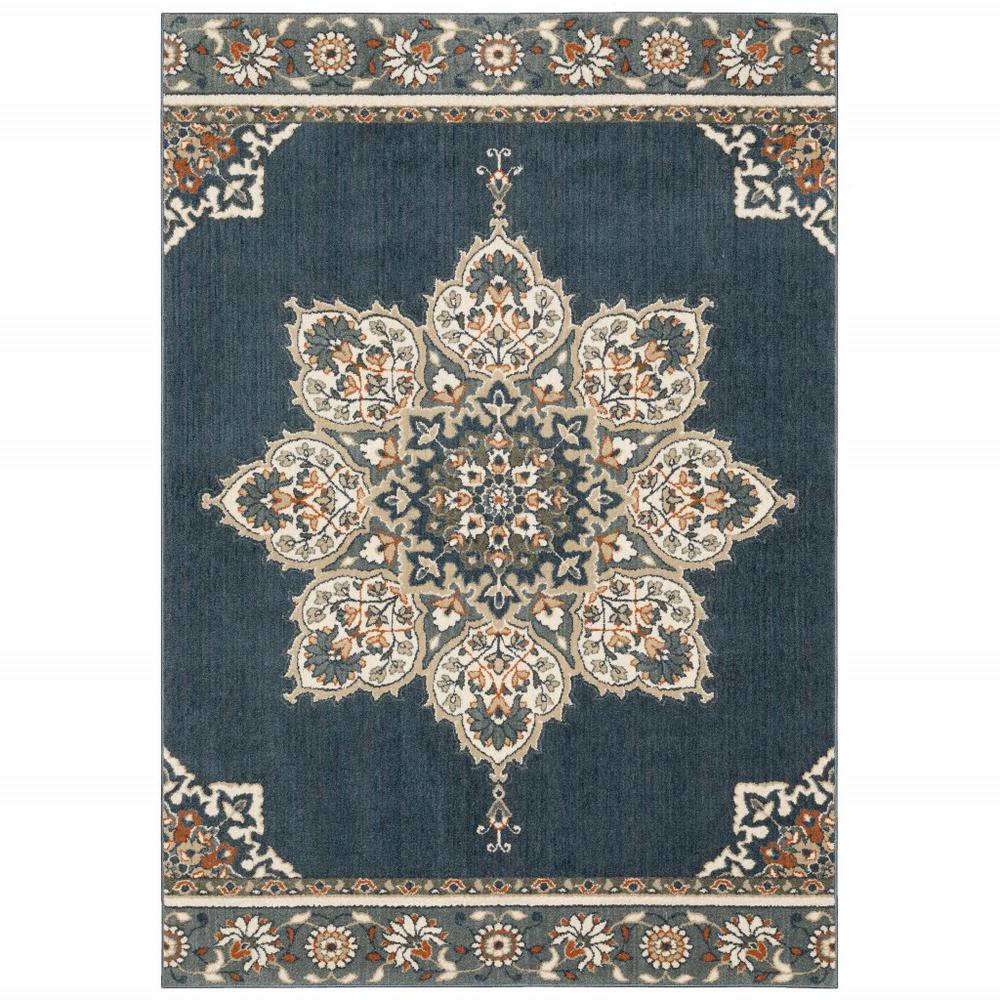 10’ x 13’ Blue and Beige Floral Medallion Indoor Area Rug - 388079. Picture 1