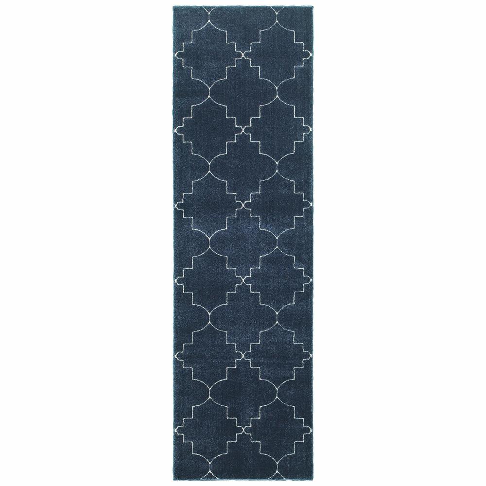 2’ x 8’ Blue and Ivory Trellis Indoor Runner Rug - 388168. Picture 1