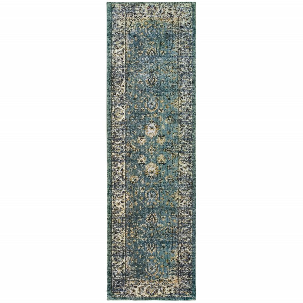 2’ x 8’ Peacock Blue and Ivory Indoor Runner Rug - 388174. Picture 1