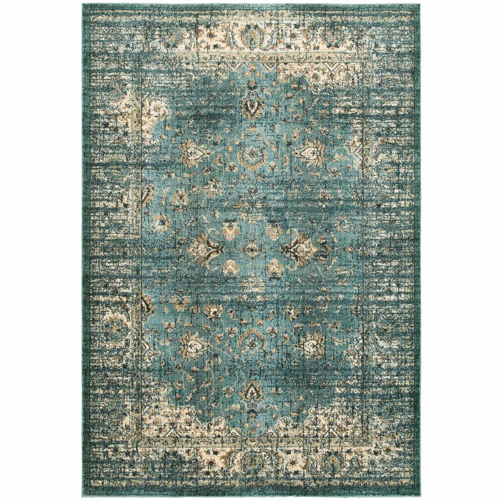 5’ x 8’ Peacock Blue and Ivory  Indoor Area Rug - 388176. Picture 1