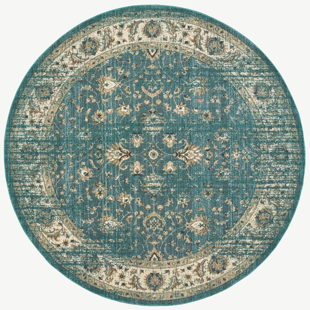 8’ Round Peacock Blue and Ivory Indoor Area Rug - 388179. Picture 1