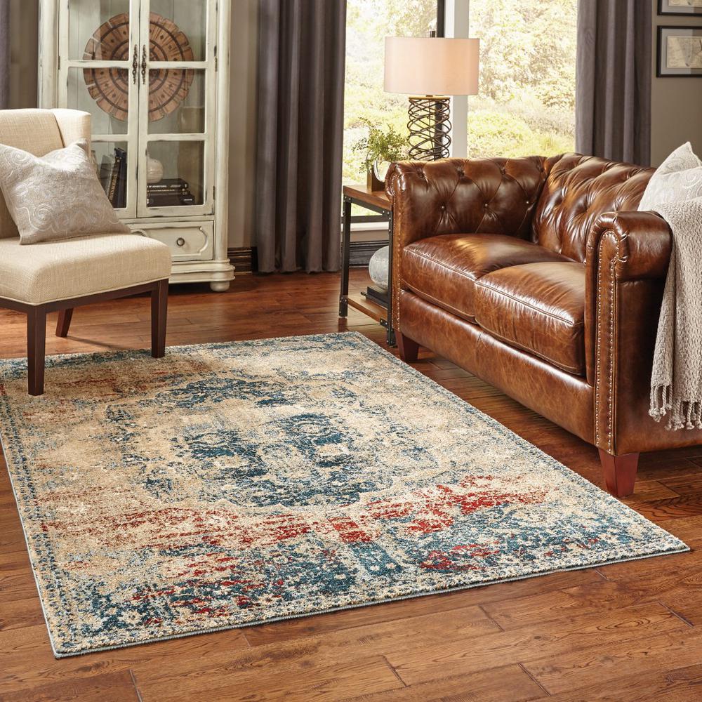 4’ x 6’ Sand and Blue Distressed Indoor Area Rug - 388189. Picture 3