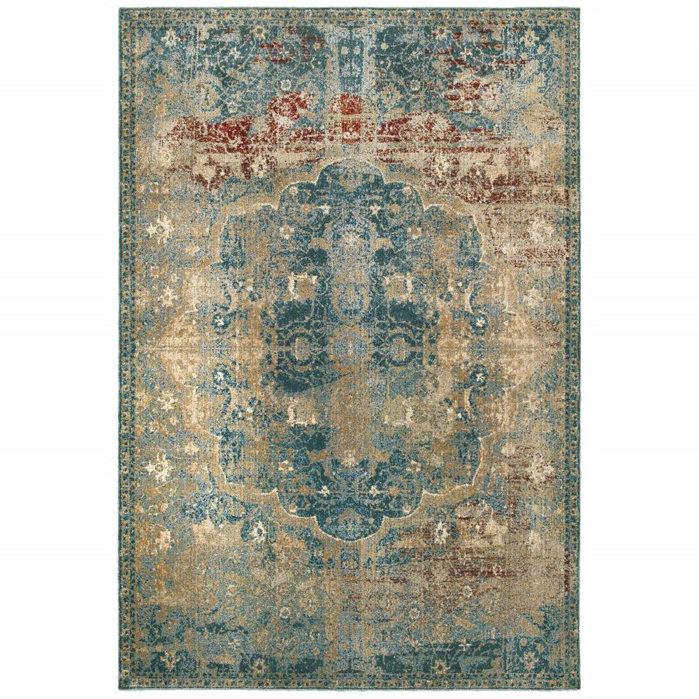 7’ x 10’ Sand and Blue Distressed Indoor Area Rug - 388191. Picture 1