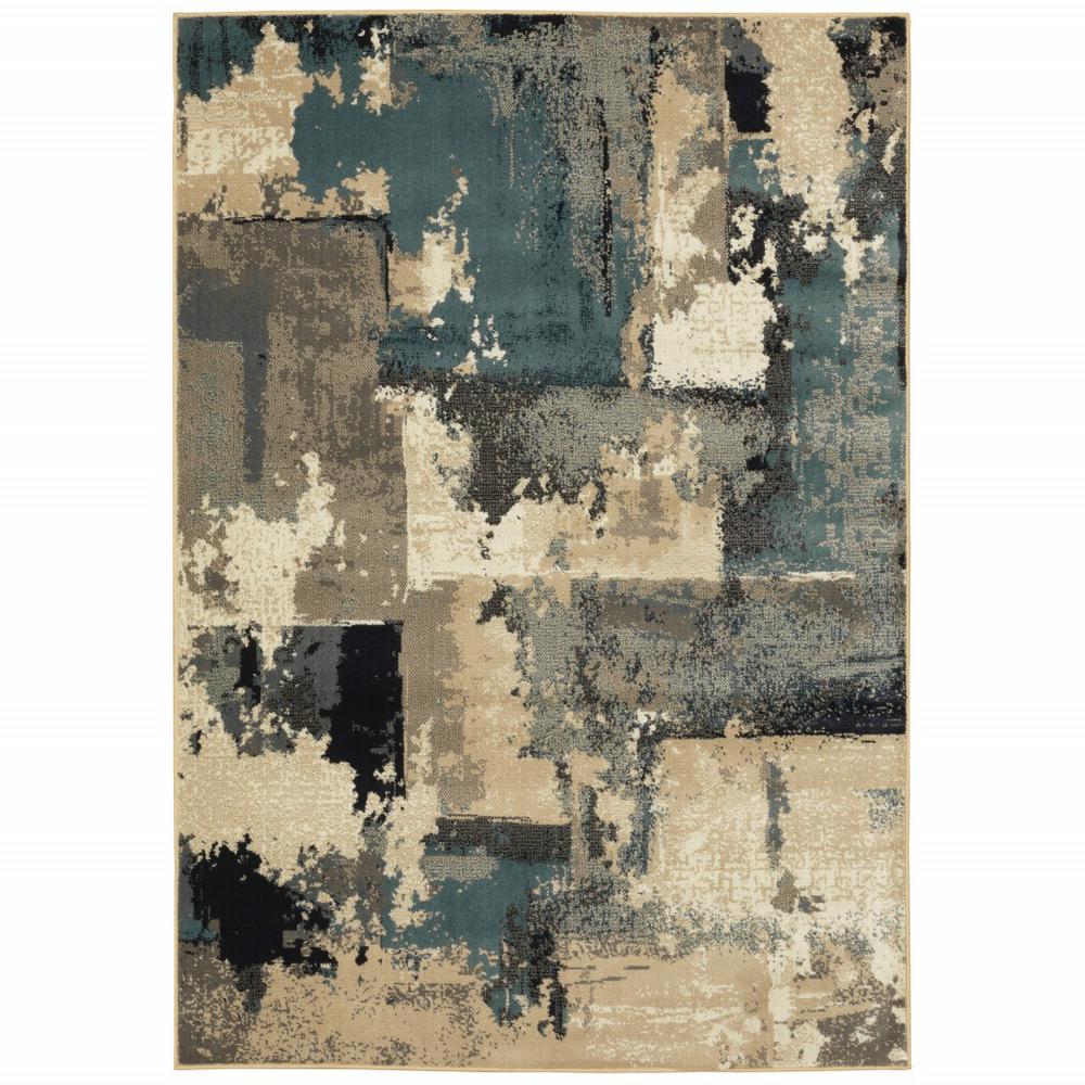 4’ x 6’ Beige and Blue  Block Indoor Area Rug - 388208. The main picture.