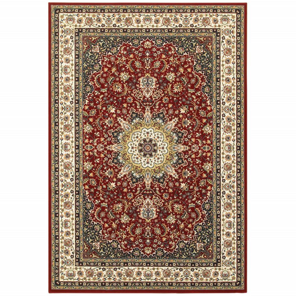 5' x 8' Red Ivory Machine Woven Oriental Indoor Area Rug - 388313. Picture 1