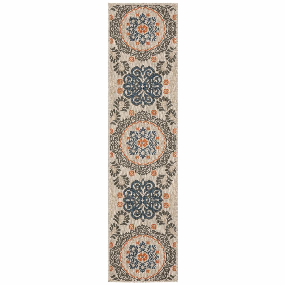 8' Grey Blue Machine Woven Floral Indoor or Outdoor Runner Rug - 388347. Picture 1