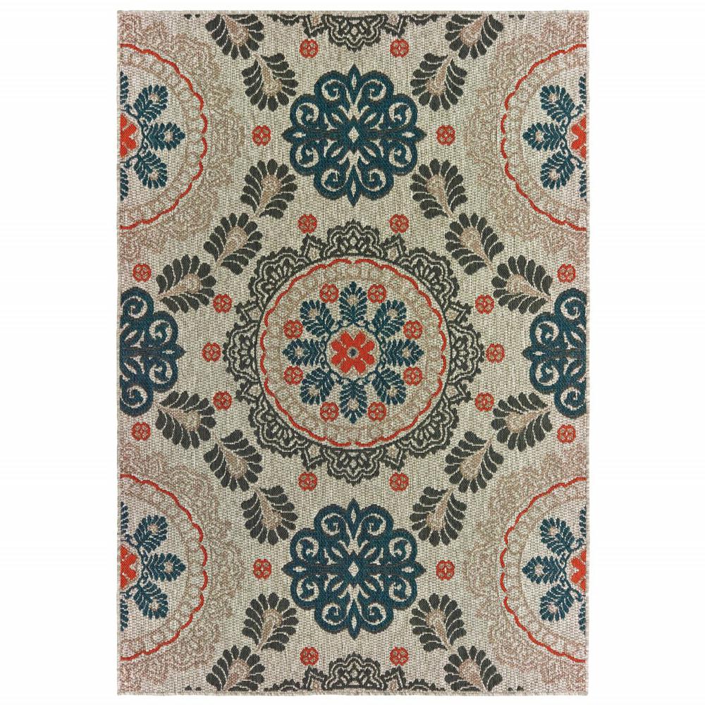 5' x 7' Grey Blue Machine Woven Floral Indoor or Outdoor Area Rug - 388349. Picture 1