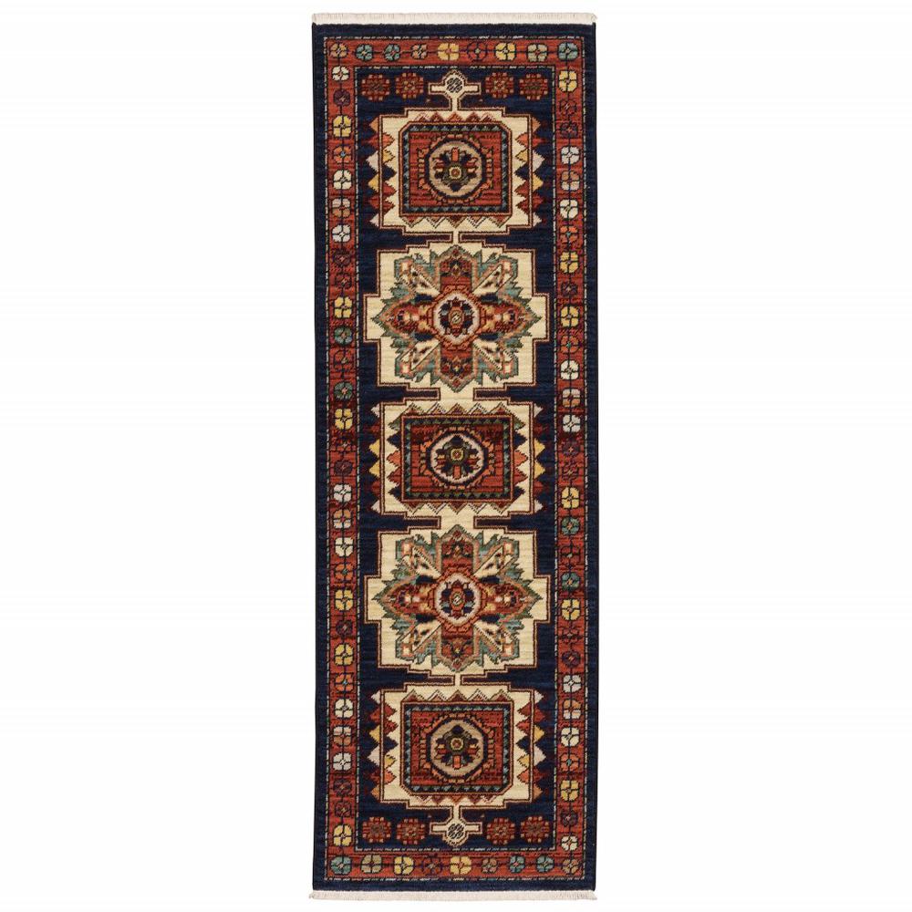 12' Blue Red Machine Woven Medallions Indoor Runner Rug - 388375. Picture 1