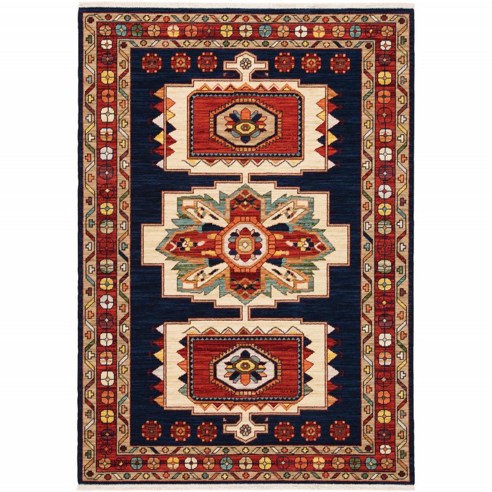 7' x 10' Blue Red Machine Woven Medallions Indoor Area Rug - 388379. The main picture.