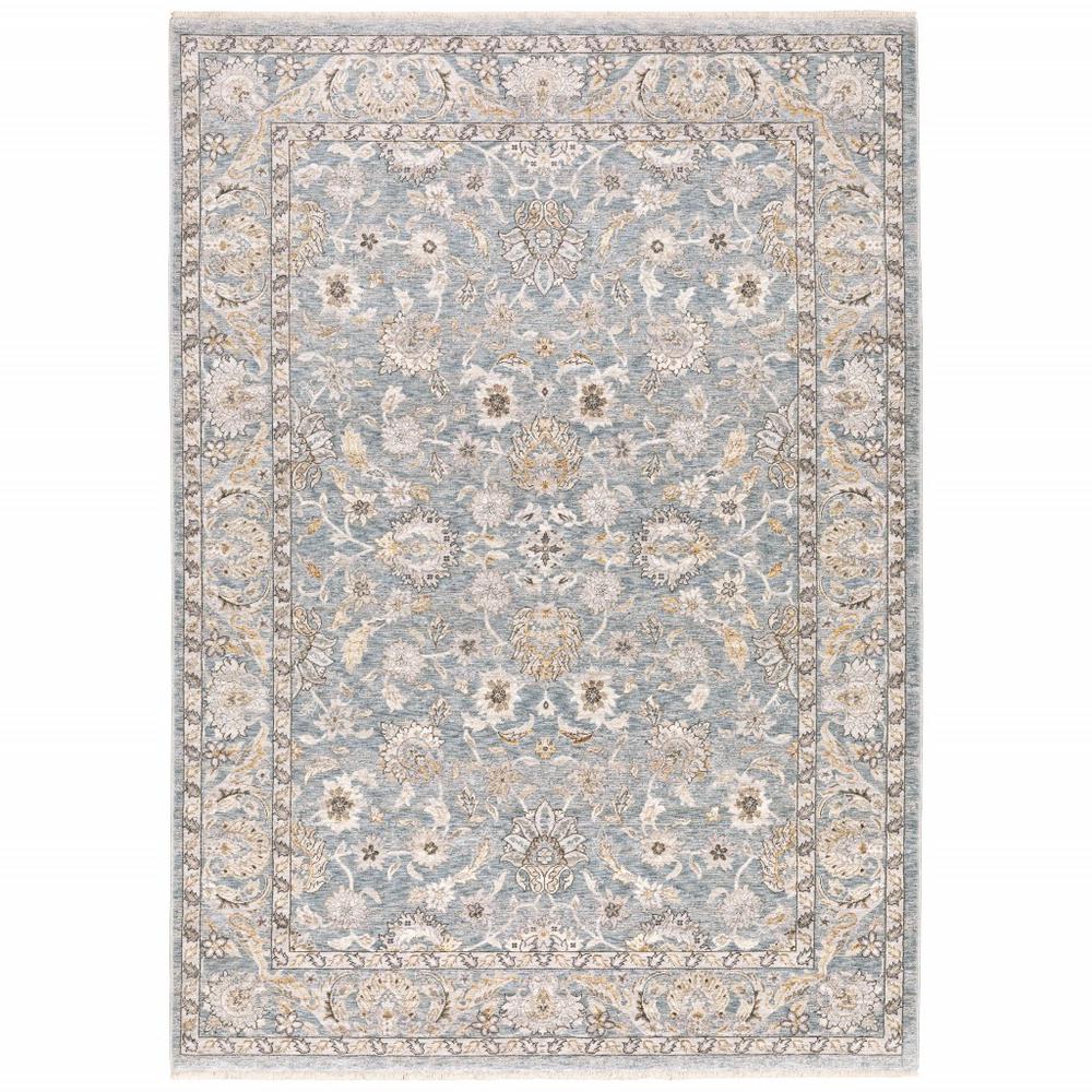 8' Blue Ivory Machine Woven Floral Oriental Indoor Runner - 388420. Picture 1